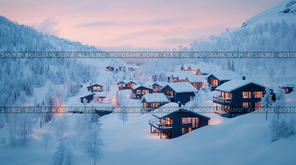 Winter Retreat: Cozy Cabins Nestled in Snow-Covered Mountains at Twilight. Стоковое AI-изображение, AI-художник Данила Большаков / Фотобанк Лори