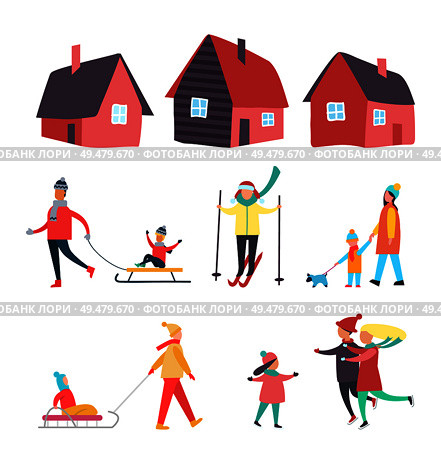 Winter seasonal activities performed outdoor people set vector. Houses variety, family and couple, child on sledges, mother and kid walking pet dog. Winter Seasonal Activities Outdoor People Vector. Стоковая иллюстрация, агентство Ingram Publishing / Фотобанк Лори