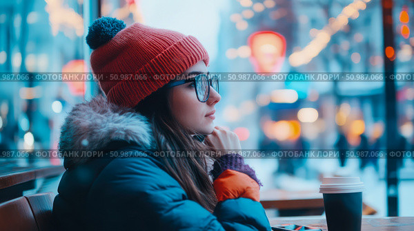 Winter Solace: pensive young woman in cozy red beanie and dark coat sips coffee while observing blurred, festive outdoor scene through window. Стоковое AI-изображение, AI-художник Данила Большаков / Фотобанк Лори