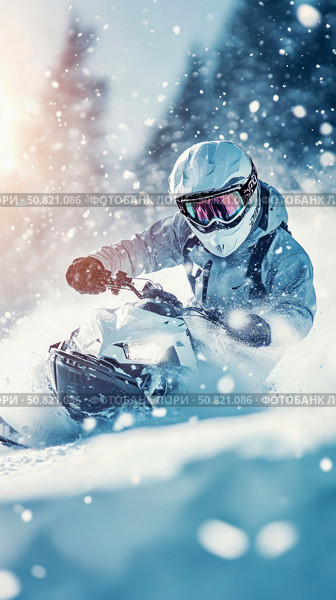 Winter Sport: Snowmobile Rider in Action, Extreme Winter Adventure. Стоковое AI-изображение, AI-художник Данила Большаков / Фотобанк Лори