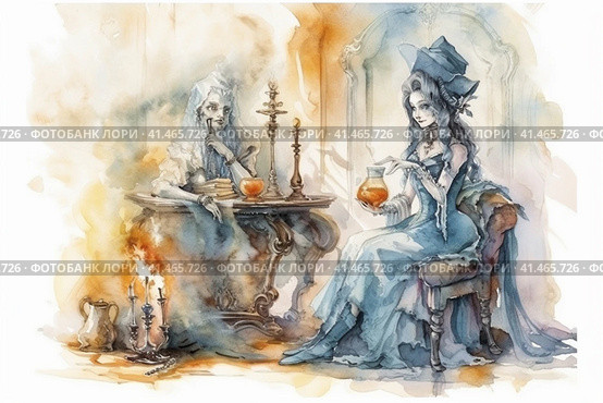 Witch and ghost spending time drinking tea together, watercolor illustration, watercolor style, Generative AI. Стоковое AI-изображение, AI-художник Анна Кривицкая / Фотобанк Лори