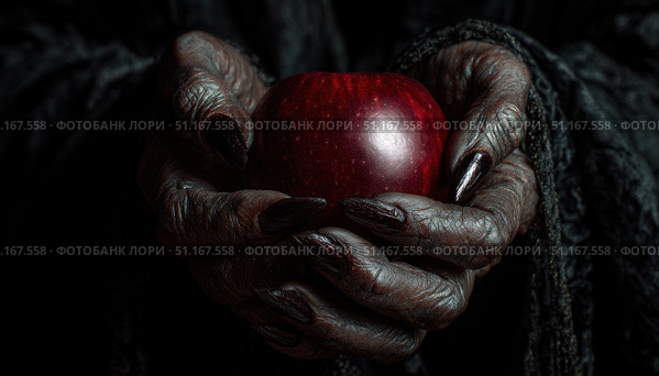 Witch's hands with long black nails holding a shiny red apple, creating a mysterious and spooky atmosphere, perfect for halloween or fantasy themes. Стоковое AI-изображение, AI-художник Юрий Поздников / Фотобанк Лори