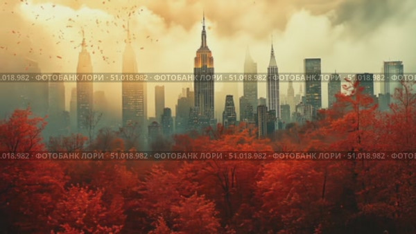 Witness the stunning contrast of autumn foliage against the New York City skyline as dusk falls, illuminating the towering buildings. Стоковое AI-видео, аниматор Данила Большаков / Фотобанк Лори
