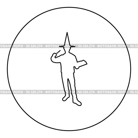 Wizard holds magic wand trick book Waving Sorcery concept Magician Sorcerer Fantasy person Warlock man in robe with magical stick Witchcraft in hat mantle Mage conjure Mystery idea Enchantment  silhouette in circle round black color vector illustration contour outline style image simple image. Wizard holds magic wand trick book Waving Sorcery concept Magician Sorcerer Fantasy person Warlock man in robe with magical stick Witchcraft in hat mantle Mage conjure Mystery idea Enchantment silhouette in circle round black color vector illustration contour outline style image . Стоковая иллюстрация, агентство Ingram Publishing / Фотобанк Лори