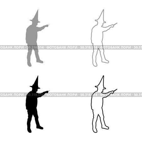 Wizard holds magic wand trick Waving Sorcery concept Magician Sorcerer Fantasy person Warlock man in robe with magical stick Witchcraft in hat mantle Mage conjure Mystery idea Enchantment silhouette grey black color vector illustration solid outline style simple image. Wizard holds magic wand trick Waving Sorcery concept Magician Sorcerer Fantasy person Warlock man in robe with magical stick Witchcraft in hat mantle Mage conjure Mystery idea Enchantment silhouette grey black color vector illustration solid outline style image. Стоковая иллюстрация, агентство Ingram Publishing / Фотобанк Лори