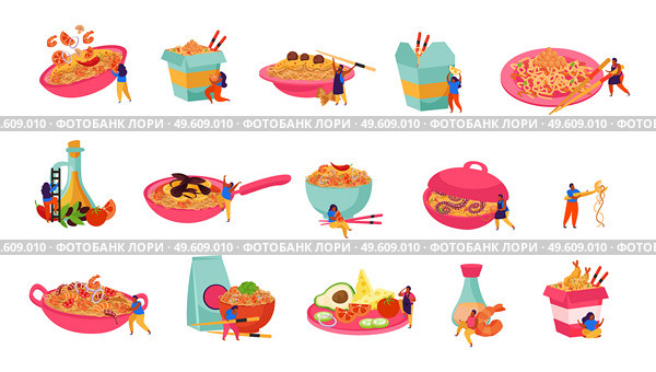 Wok box flat recolor set of isolated icons with served and packed asian fast food noodles vector illustration. Wok Noodles Icon Set. Стоковая иллюстрация, агентство Ingram Publishing / Фотобанк Лори