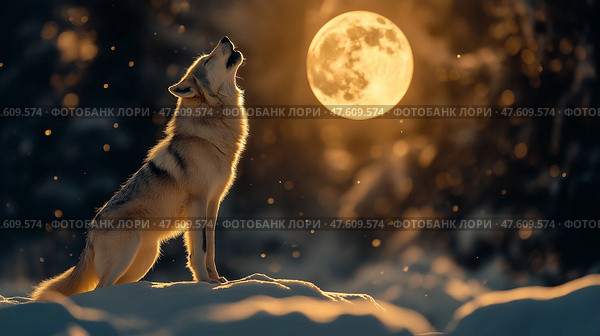 Wolf howls under a luminous full moon in a snowy forest setting. Волк стоит на заснеженном ландшафте и воет на яркую полную луну. Атмосфера безмятежная и мистическая, в окружении мягко падающих снежинок и темных деревьев. Стоковое AI-изображение, AI-художник Katsiaryna Repich / Фотобанк Лори