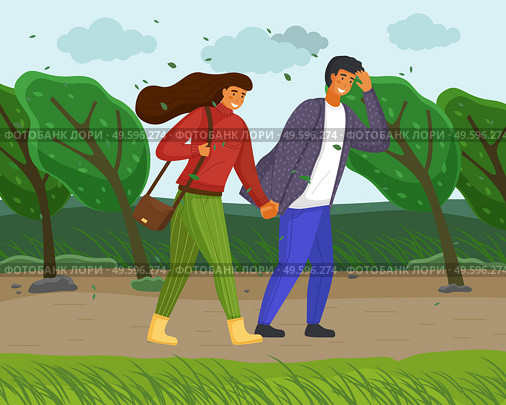Woman and man in casual clothes walk in the park on the road along the tree alley in windy weather. Strong wind blows, trees bend to the ground, leaves are flying, young people smiling holding hands. Woman and man in casual clothes walk in the park on the road along the tree alley in windy weather. Стоковая иллюстрация, агентство Ingram Publishing / Фотобанк Лори