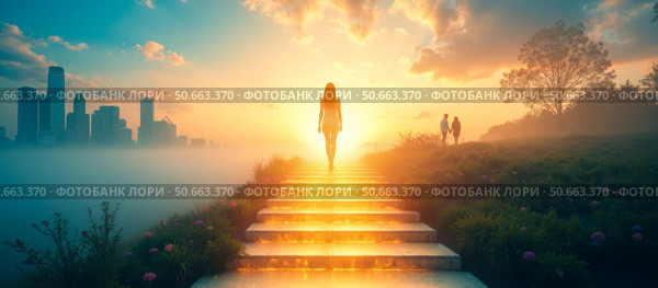 Woman ascending bright steps leading towards horizon surrounded by skyscrapers greenery fog evening sky conceptual art environment. Стоковое AI-изображение, AI-художник Павел Муравьев / Фотобанк Лори