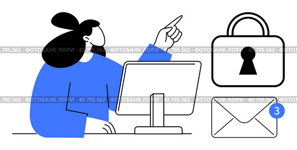 Woman at desk pointing toward computer screen, secured envelope with three notifications, padlock. Ideal for cybersecurity, digital communication, privacy, email security, online safety, data. Woman at desk working on computer with secured email notifications and large secure lock icon. Стоковая иллюстрация, агентство Ingram Publishing / Фотобанк Лори