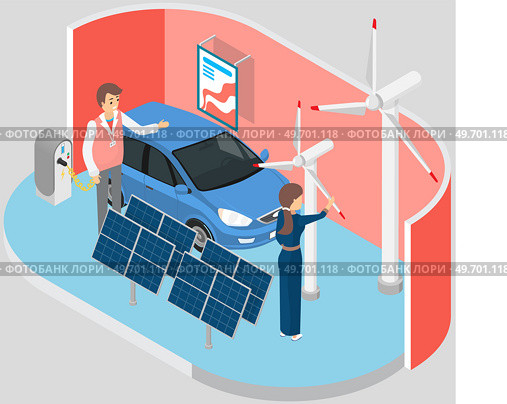 Woman consults with seller about buying energy production equipment at exhibition of modern gadgets studies wind turbines power plant. Store of modern new technical means electric car, solar panels. Woman consults with seller about buying energy production equipment at exhibition, green energy shop. Стоковая иллюстрация, агентство Ingram Publishing / Фотобанк Лори