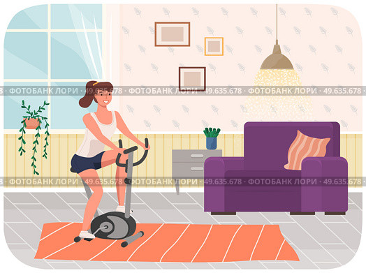 Woman doing cycling exercise. Illustration of fit woman with bike trainer doing sports at home. Cardio workout. Exercising in gym in morning. Lifestyle and health. Equipment for physical activity. Woman doing cycling exercise. Fit woman with bike trainer doing sports at home. Cardio workout. Стоковая иллюстрация, агентство Ingram Publishing / Фотобанк Лори