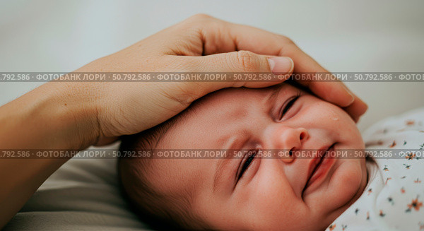 Woman gently strokes a crying baby. Close up of a newborn with teary eyes. Concept of parental care, comfort, and soothing a child. Стоковое AI-изображение, AI-художник Анжелика Самсонова / Фотобанк Лори