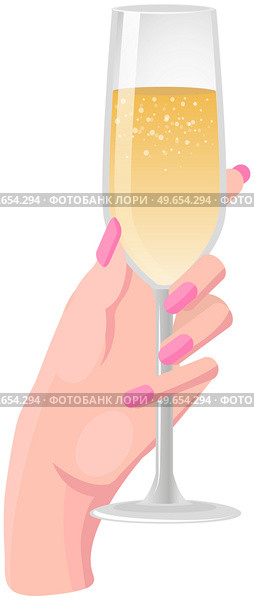 Woman hand holding champagne glass isolated on white background. Sparkling wine, light alcoholic drink for holiday celebration. Female hand with alcohol, champagne, carbonated beverage in glass. Sparkling wine, light alcoholic drink for holiday celebration. Female hand with champagne. Стоковая иллюстрация, агентство Ingram Publishing / Фотобанк Лори
