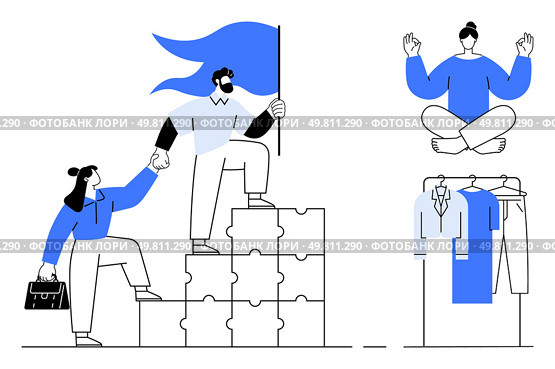 Woman helping man climb puzzle steps holding flag, another meditating atop clothes rack. Ideal for teamwork, leadership, goal setting, organization, mindfulness, balance work-life. Success metaphor. Team collaboration climbing puzzle steps with flag and organizing priorities in meditation. Стоковая иллюстрация, агентство Ingram Publishing / Фотобанк Лори