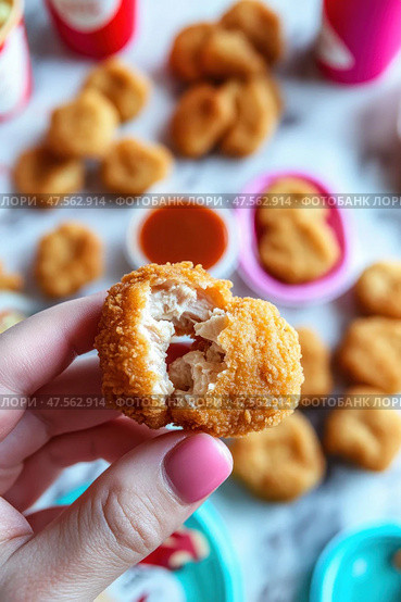 Woman holding a chicken nugget with dipping sauce. Стоковое AI-изображение, AI-художник Юрий Поздников / Фотобанк Лори