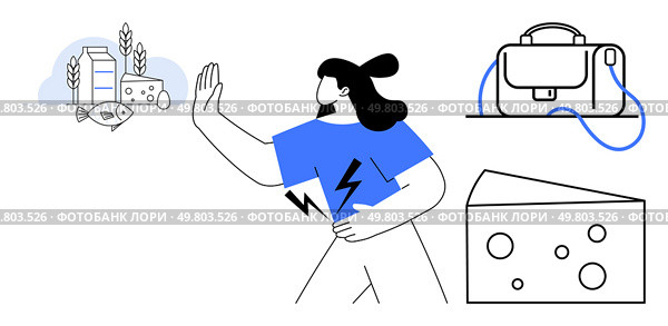 Woman holding her stomach and raising hand towards dairy products including milk and cheese, with office bag above. Ideal for dietary restrictions, lactose intolerance, health, wellness, office life. Woman Rejecting Dairy Products While Holding Stomach With Office Bag in Background. Стоковая иллюстрация, агентство Ingram Publishing / Фотобанк Лори