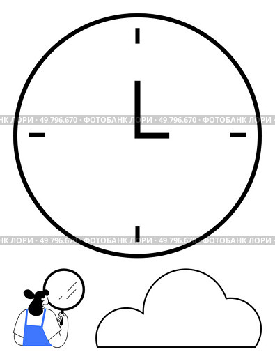 Woman holding magnifying glass, inspecting a large wall clock with bold black lines, accompanied by a cloud. Ideal for time management, punctuality, analysis, focus, scheduling, cloud computing. Woman with magnifying glass examining large wall clock with a cloud illustration nearby, concept of time. Стоковая иллюстрация, агентство Ingram Publishing / Фотобанк Лори
