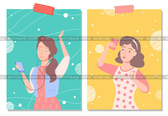 Woman holding phone listening woman vector, female characters with smartphones taking selfie. Lady posing for photo, bokeh background with glowing and shining. Female Characters with Phones, Posing Woman Set. Стоковая иллюстрация, агентство Ingram Publishing / Фотобанк Лори