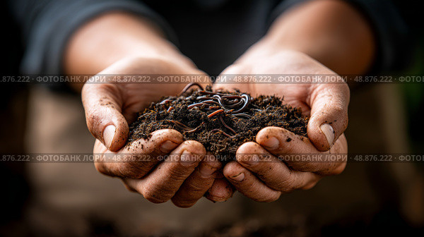 Woman holding worms with soil, closeup. Recycling of waste, zero waste production, preservation of the ecology of the Earth. Стоковое AI-изображение, AI-художник ALLA YURTAYEVA / Фотобанк Лори