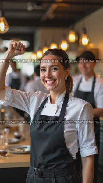 Woman in a black apron is smiling and holding her arm up. Стоковое AI-видео, аниматор Sergey Grishin / Фотобанк Лори