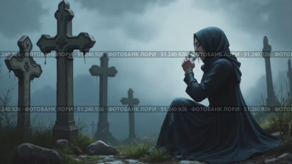 Woman in black robe sitting by gravestones and holding a drink. Стоковое AI-видео, аниматор KATERINA AI / Фотобанк Лори