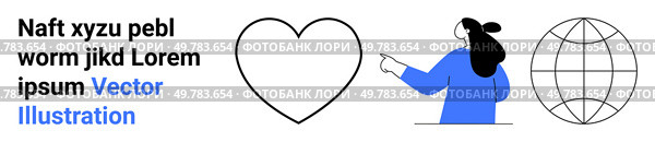 Woman in blue points at heart and globe symbols, accompanied by placeholder text. Ideal for themes like global connectivity, love, guidance, education, charity, communication, technology. Banner. Woman pointing at heart and globe with accompanying text, ideal for global concepts like connectivity. Стоковая иллюстрация, агентство Ingram Publishing / Фотобанк Лори