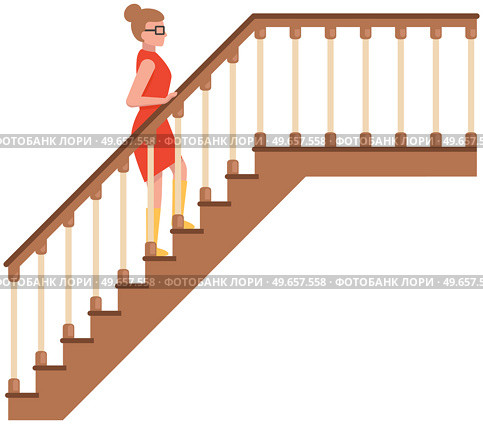 Woman in dress climbs stairs holding on to railing. Stairs classical icon with banisters fence. Ladder, wooden staircase with handrail isolated on white background. Lady climbing up steps of stairs. Woman in dress climbs stairs holding on to railing. Ladder, wooden staircase with handrail fence. Стоковая иллюстрация, агентство Ingram Publishing / Фотобанк Лори