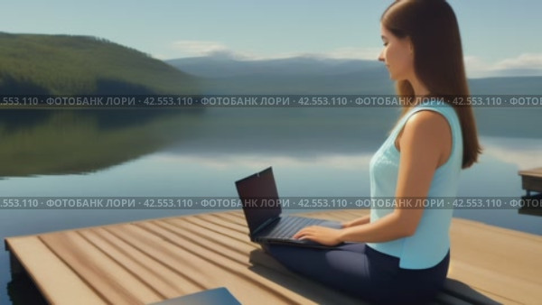 Woman in sportswear sits on a wooden dock near the lake and uses a laptop. Стоковое AI-видео, аниматор Юрий Поздников / Фотобанк Лори