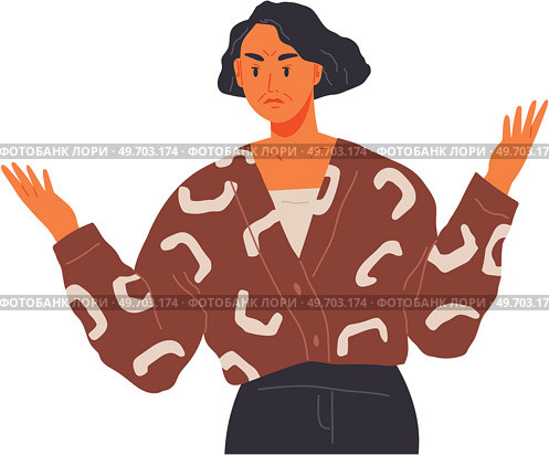 Woman is angry. Discontent. Vector disgruntled female character in cartoon style with emotional hand gestures. Anger, agression, stress, depression, nervous breakdown, business concept, furious person. Woman is angry. Discontent. Disgruntled female character in cartoon style with emotional gestures. Стоковая иллюстрация, агентство Ingram Publishing / Фотобанк Лори