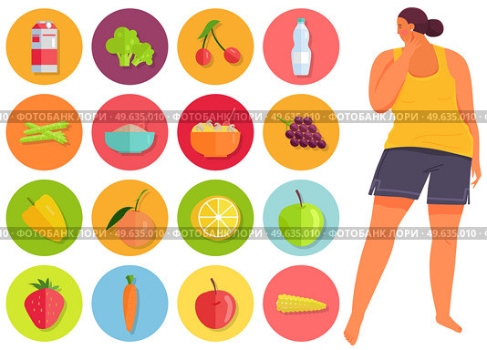 Woman isolated on white background. Overweight girl looks at symbols of fruits and vegetables. Female character studies natural fresh products. Proper nutrition and healthy lifestyle concept. Overweight girl looks at symbols of fruits and vegetables. Proper nutrition and healthy lifestyle. Стоковая иллюстрация, агентство Ingram Publishing / Фотобанк Лори