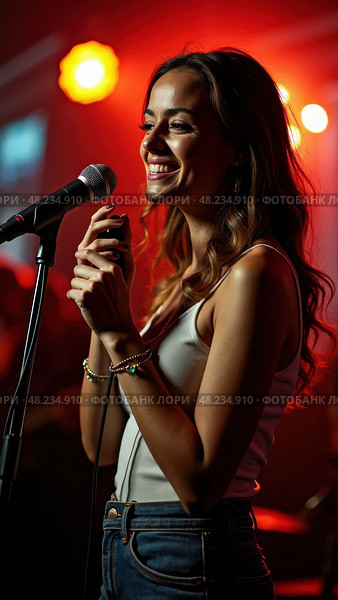 Woman Joyfully Sings Karaoke at a Lively Club, Smiling at the Camera. A Celebration of Entertainment and Music! Стоковое AI-изображение, AI-художник Sergey Grishin / Фотобанк Лори