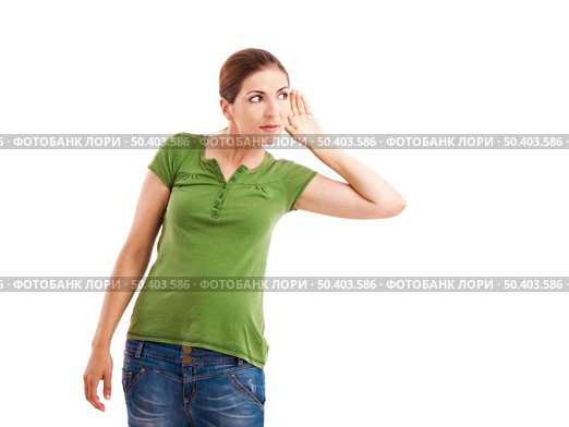Woman listening something with hand on the ear, isolated on white. Стоковое фото, агентство Ingram Publishing / Фотобанк Лори