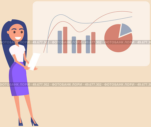 Woman looking at statistics diagram. Businesswoman analysing report with statistical indicators. Girl examines results of analysis. Personal investment, finance, funding, capital accumulation concept. Woman analysing report with statistical indicators. Lady examines results of investment analysis. Стоковая иллюстрация, агентство Ingram Publishing / Фотобанк Лори