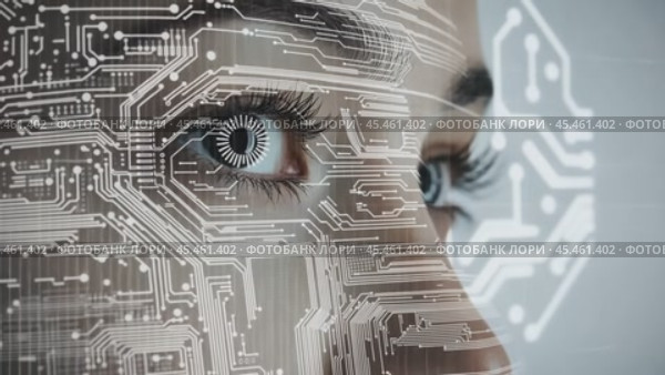 Woman looking right with printed circuit board overlaying face. Стоковое AI-видео, аниматор Юрий Поздников / Фотобанк Лори