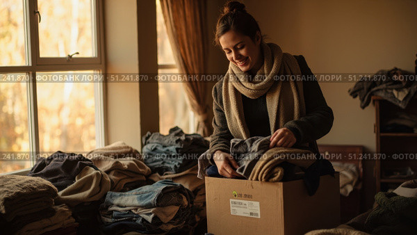 Woman organizing clothes for donation in cardboard box at home. Стоковое фото, фотограф David Kashakhi / Фотобанк Лори