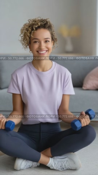 Woman performing seated dumbbell exercises at home. Стоковое AI-видео, аниматор Юрий Поздников / Фотобанк Лори