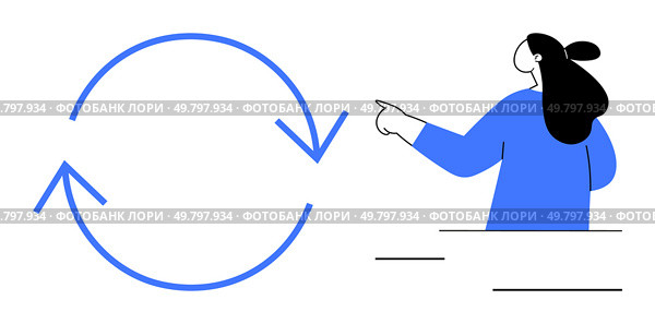 Woman pointing at a blue circular arrow symbol representing a renewal cycle. Ideal for concepts of continuous improvement, updating processes, sustainability, recycling, and iterative methods. Woman Pointing at Renewal Cycle Symbol Indicating Continuous Improvement and Updating Process. Стоковая иллюстрация, агентство Ingram Publishing / Фотобанк Лори