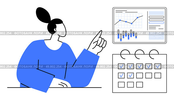 Woman pointing at a data analysis screen with graphs and charts, alongside a checklist calendar with marked tasks. Ideal for business analytics, project planning, task management, office. Woman Pointing at Data Analysis on Screen with Checklist Calendar Showing Completed Tasks. Стоковая иллюстрация, агентство Ingram Publishing / Фотобанк Лори