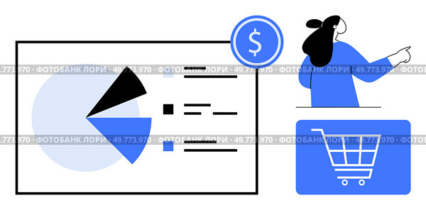 Woman pointing at a pie chart, dollar symbol, and shopping cart icon. Ideal for business analytics, marketing, financial reports, e-commerce, and data visualization. Simple, modern vector style. Business Presentation with Pie Chart, Dollar Symbol, and Shopping Cart. Стоковая иллюстрация, агентство Ingram Publishing / Фотобанк Лори