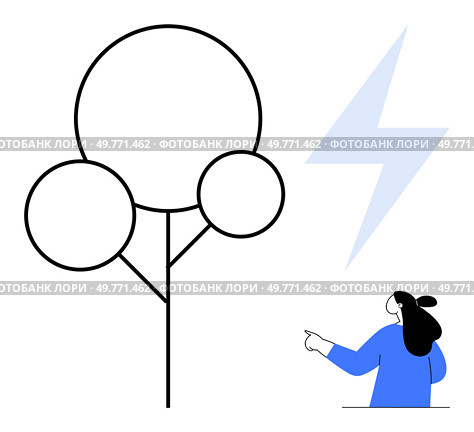 Woman points at a tree with a lightning bolt in simple minimalist design. Ideal for nature, education, environment, technology, and illustration themes. Clean lines and monochromatic colours with a. Woman Pointing at Tree with Lightning Bolt in Minimalist Artwork. Стоковая иллюстрация, агентство Ingram Publishing / Фотобанк Лори