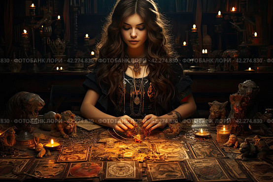 Woman reading tarot cards in spiritual room. Tarot cards in fortune teller hands. Woman mixes tarot cards deck on wooden desk table. Reading future. Стоковое AI-изображение, AI-художник Ирина Михайличенко / Фотобанк Лори