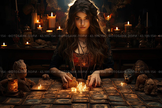 Woman reading tarot cards in spiritual room. Tarot cards in fortune teller hands. Woman mixes tarot cards deck on wooden desk table. Reading future. Стоковое AI-изображение, AI-художник Ирина Михайличенко / Фотобанк Лори