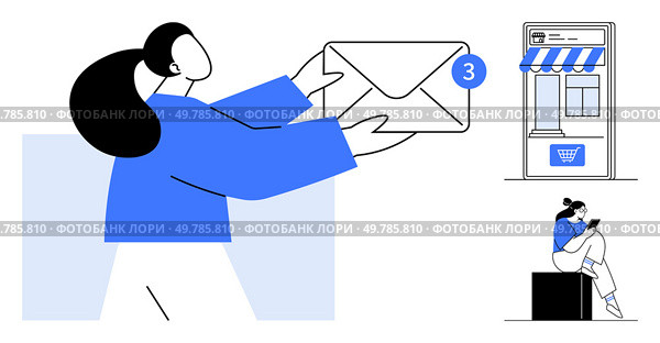 Woman receiving an email notification with three unread messages, online shopping storefront with striped awning, woman seated reading on her phone. Ideal for communication, e-commerce, social media. Woman Receiving Email Notification with Three Emails Next to Online Shopping Storefront and Seated Woman. Стоковая иллюстрация, агентство Ingram Publishing / Фотобанк Лори
