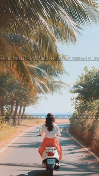 Woman riding scooter along palm tree lined road by the beach during sunny day. Стоковое AI-видео, аниматор Сергей Толмачёв / Фотобанк Лори