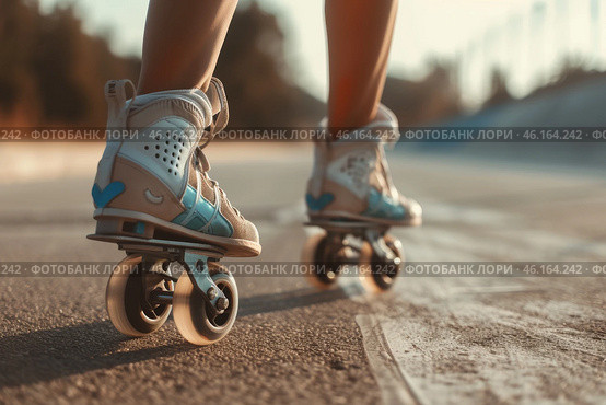 Woman roller skating on smooth pavement during a sunny summer day, enjoying her inline skates in an outdoor setting. Стоковое AI-изображение, AI-художник Sergey Grishin / Фотобанк Лори