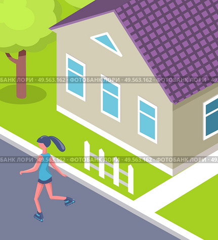 Woman rollerblading near house, activity in yard , back view of girl wearing sportswear, close up view of cottage with windows, green grass and tree vector. Rollerskater near House, Activity in Yard Vector. Стоковая иллюстрация, агентство Ingram Publishing / Фотобанк Лори