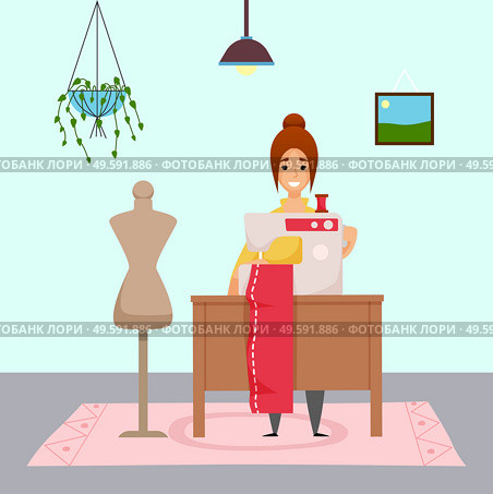 Woman sewing cloth or dress at sewing machine at home. Sewer working at distance work at home. Empty manequin, hanging pot with plant, lamp. Quarantine isolation at home. Leisure activities and hobby. Woman sewing cloth at sewing machine at home, manequin near, designer at distance work, quarantine. Стоковая иллюстрация, агентство Ingram Publishing / Фотобанк Лори
