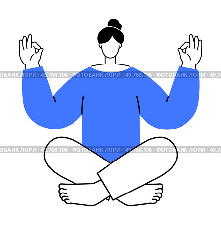 Woman sitting cross-legged, hands in meditation pose, wearing a blue sweater and hair in a bun. Ideal for mindfulness, relaxation, inner peace, yoga, and mental health. Simple line art.. Meditative Woman Sitting Cross-Legged in Relaxed Meditation Pose with Blue Sweater and Hair Bun. Стоковая иллюстрация, агентство Ingram Publishing / Фотобанк Лори