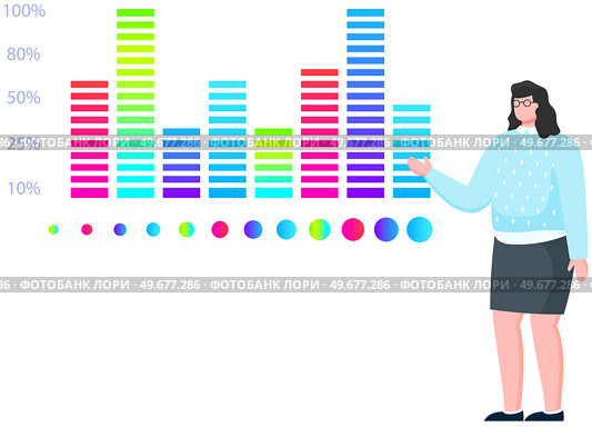 Woman studies statistics on presentation. Female character while working or studying with report. Girl working and analyzing financial statistics. Female marketer examines information about metrics. Woman studies statistics on presentation. Female character while working or studying with report. Стоковая иллюстрация, агентство Ingram Publishing / Фотобанк Лори